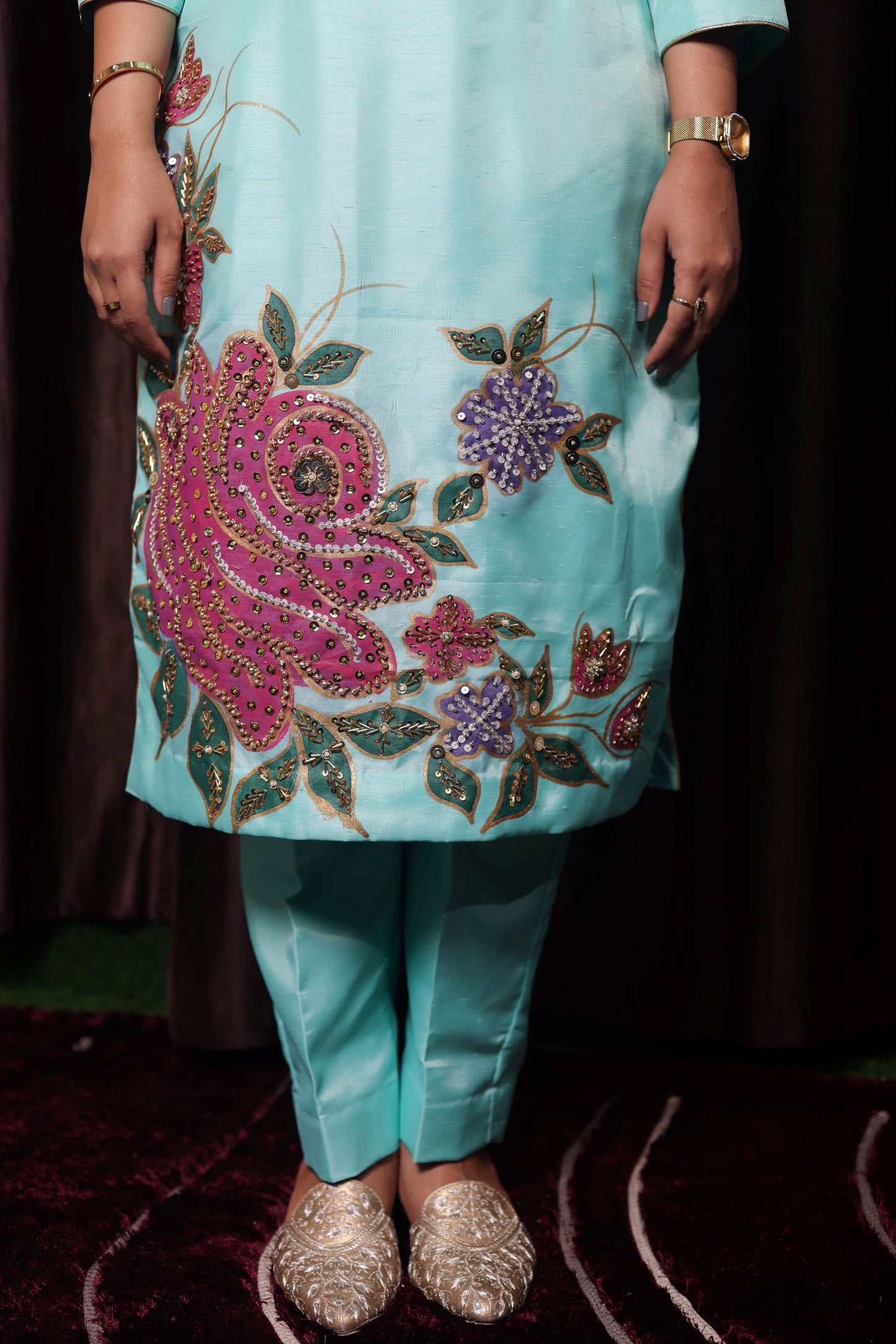 Turquoise Green Silk Kurta Set with Intricate Embroidery and Hand-Painted Detailing