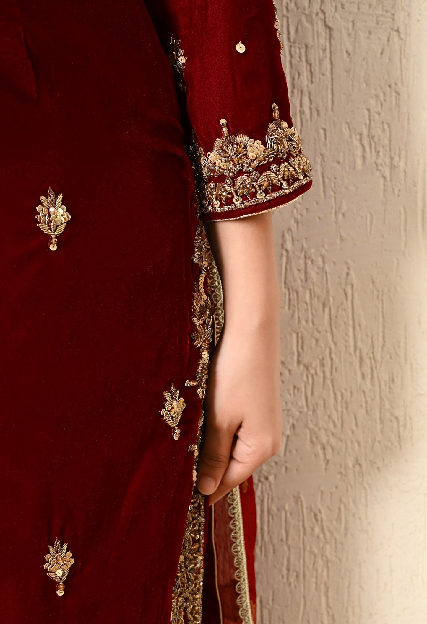 Maroon Red Kurta Set with Zardozi, Dabk, and Stone Work