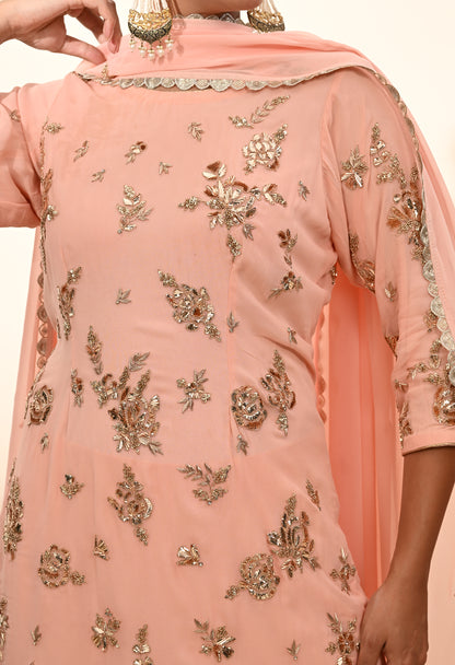 Soft Pink Peach Georgette Kurta Set with Mukaish and Zardozi Embroidery