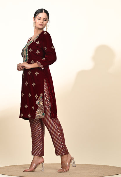 Regal Maroon Red Kurta Set with Intricate Zardozi Embroidery