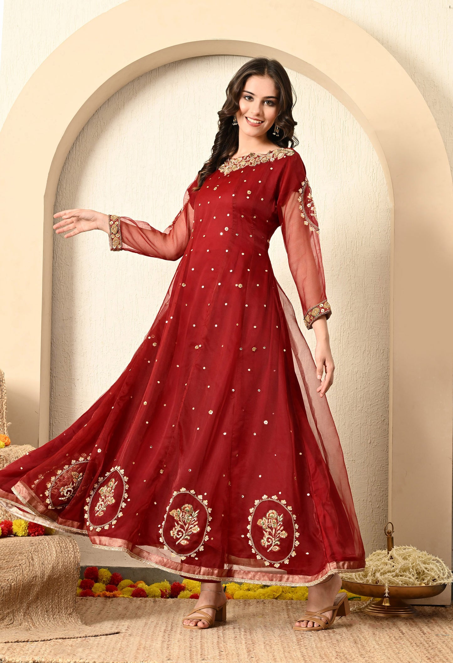 Dark Maroon Anarkali Set with Zardozi, Dabka and Sequence