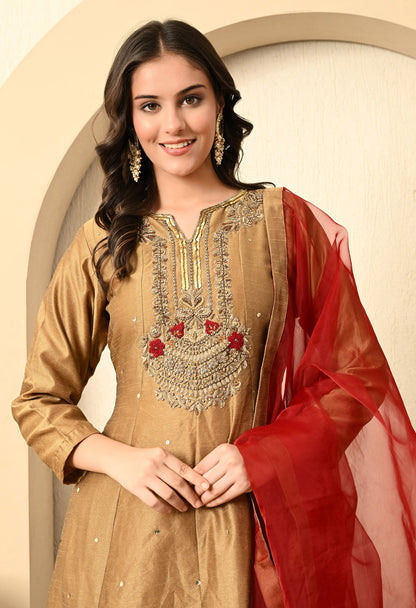 Golden Brown Anarkali Set with Zardozi, Thread, and Sequence Work