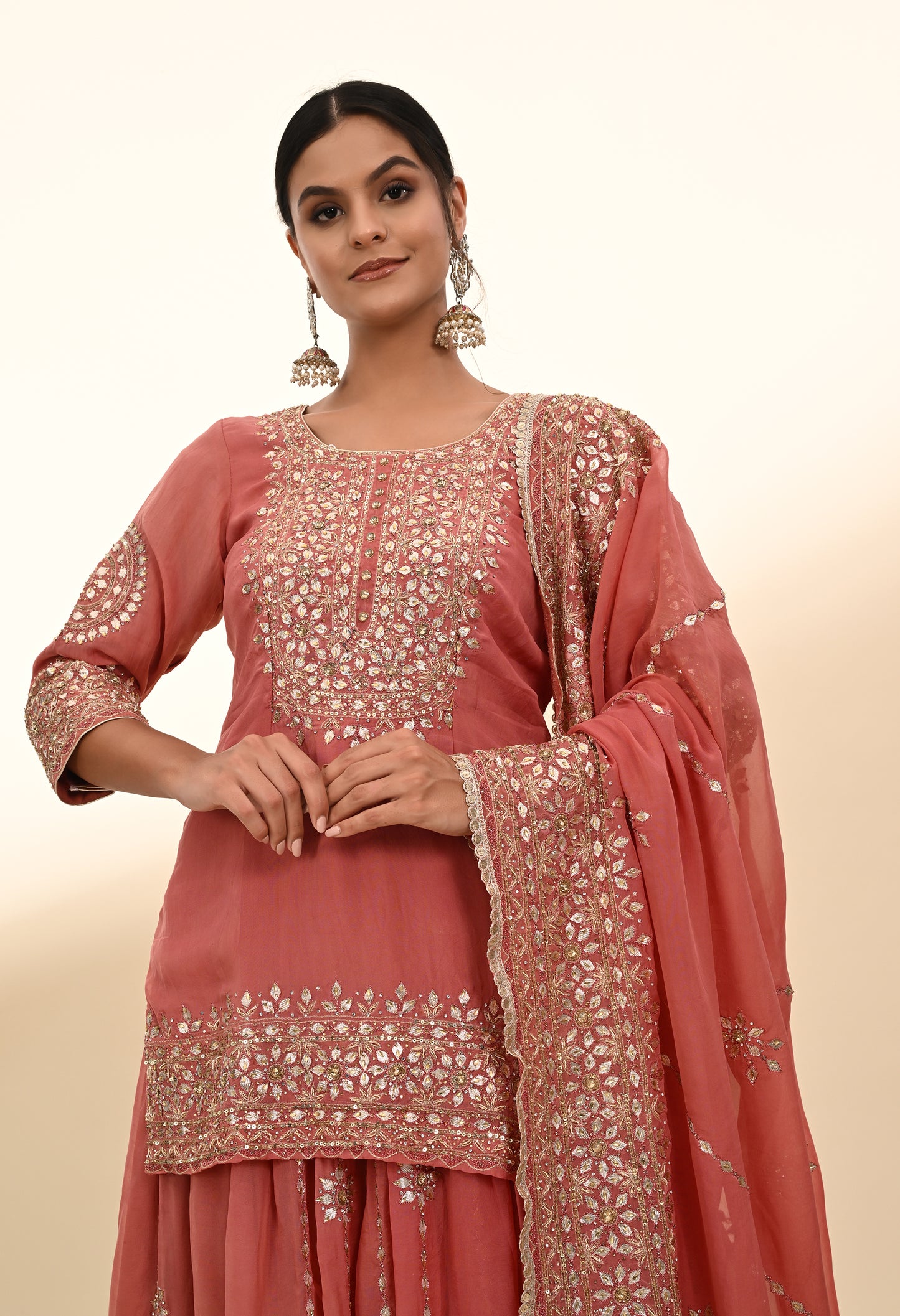 Creamy Peach Organza Lehenga Set with Zardozi, Gotta, and Crystal Embroidery