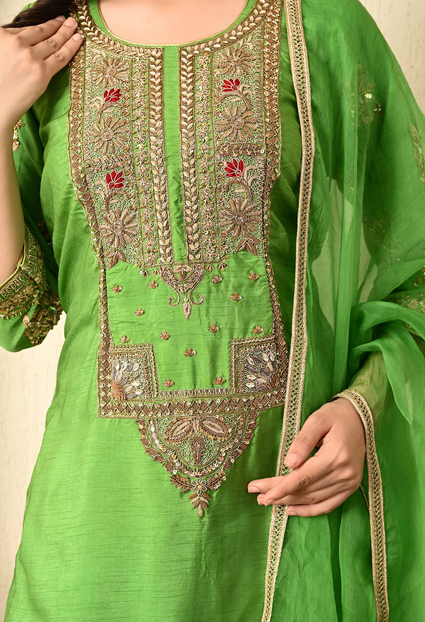 Parrot Green Kurta Set with Zardozi, Stone, and Sequence Work