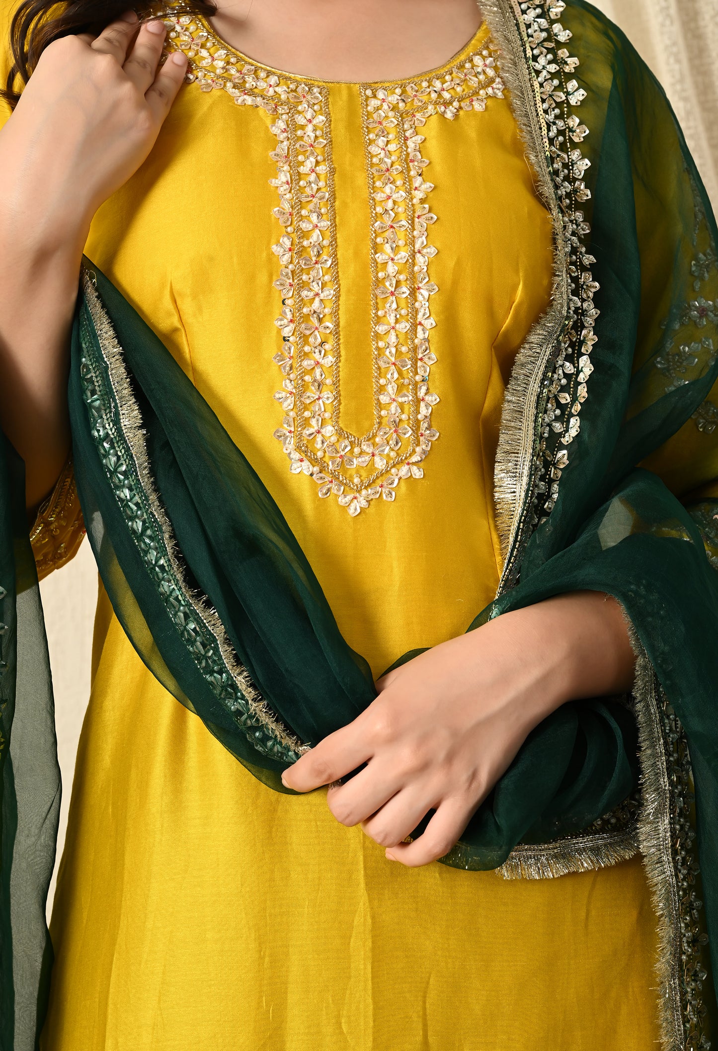 Green and Yellow Lehenga Set with Exquisite Sequence Work