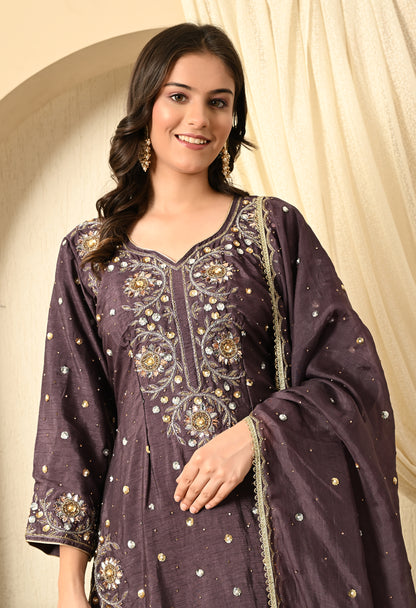 Purplish Grey Kurta Set with Mukaish, Zardozi and Sequence Work