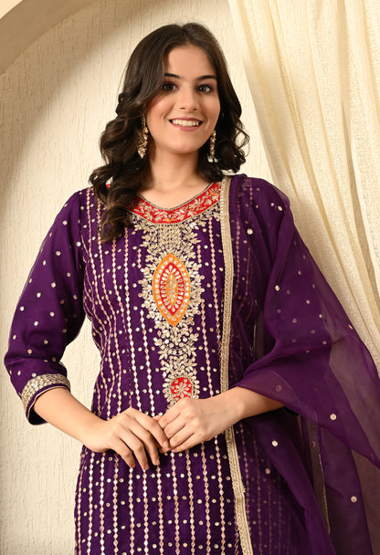 Royal Purple Kurta Set with Gotta, Thread, Applique and Zardozi Work