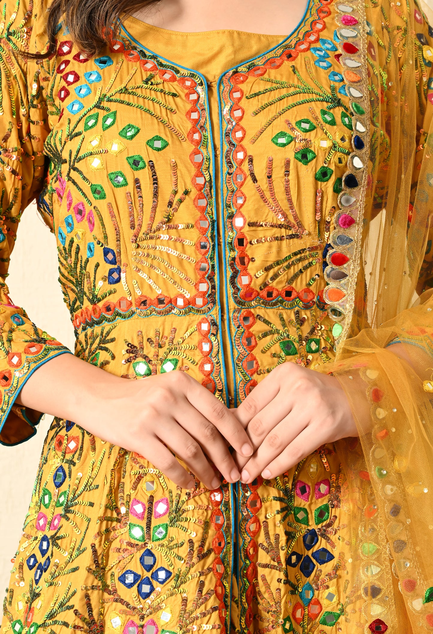 Yellow Lehnga ( With Jacket ) embroided with Thread, Mirror, and Sequence Work