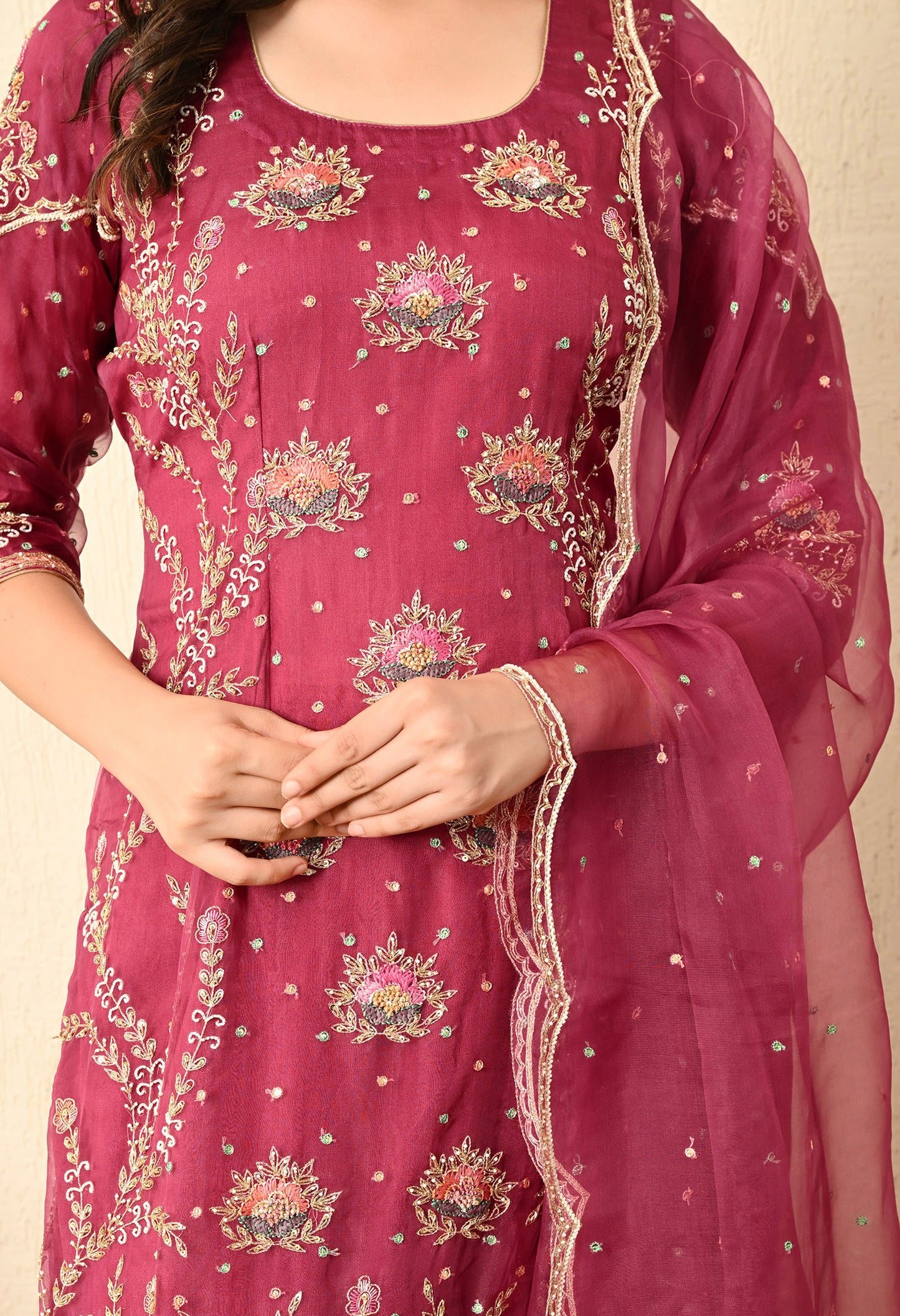 Strawberry Pink Kurta Set with Zardozi, Thread, Sequence, and Pearl Work