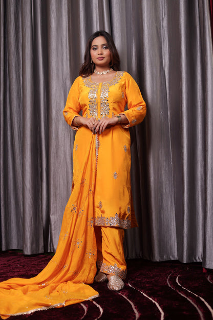 Bright Saffron Yellow Crepe Kurta Set with Zardozi and Gotta Embroidery