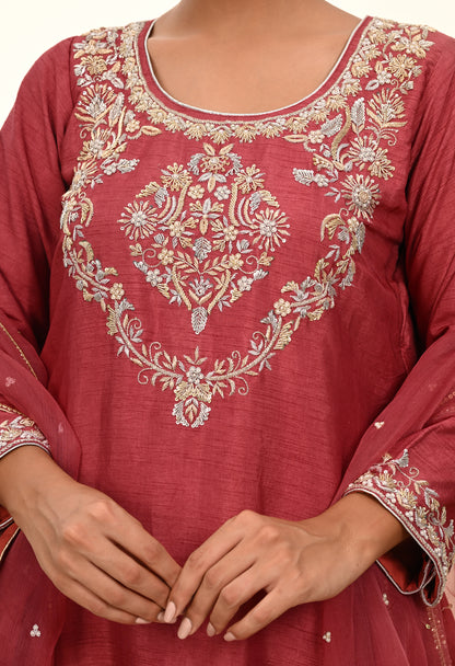 Warm Brown Red Silk Kurta Set with Zardozi Embroidery