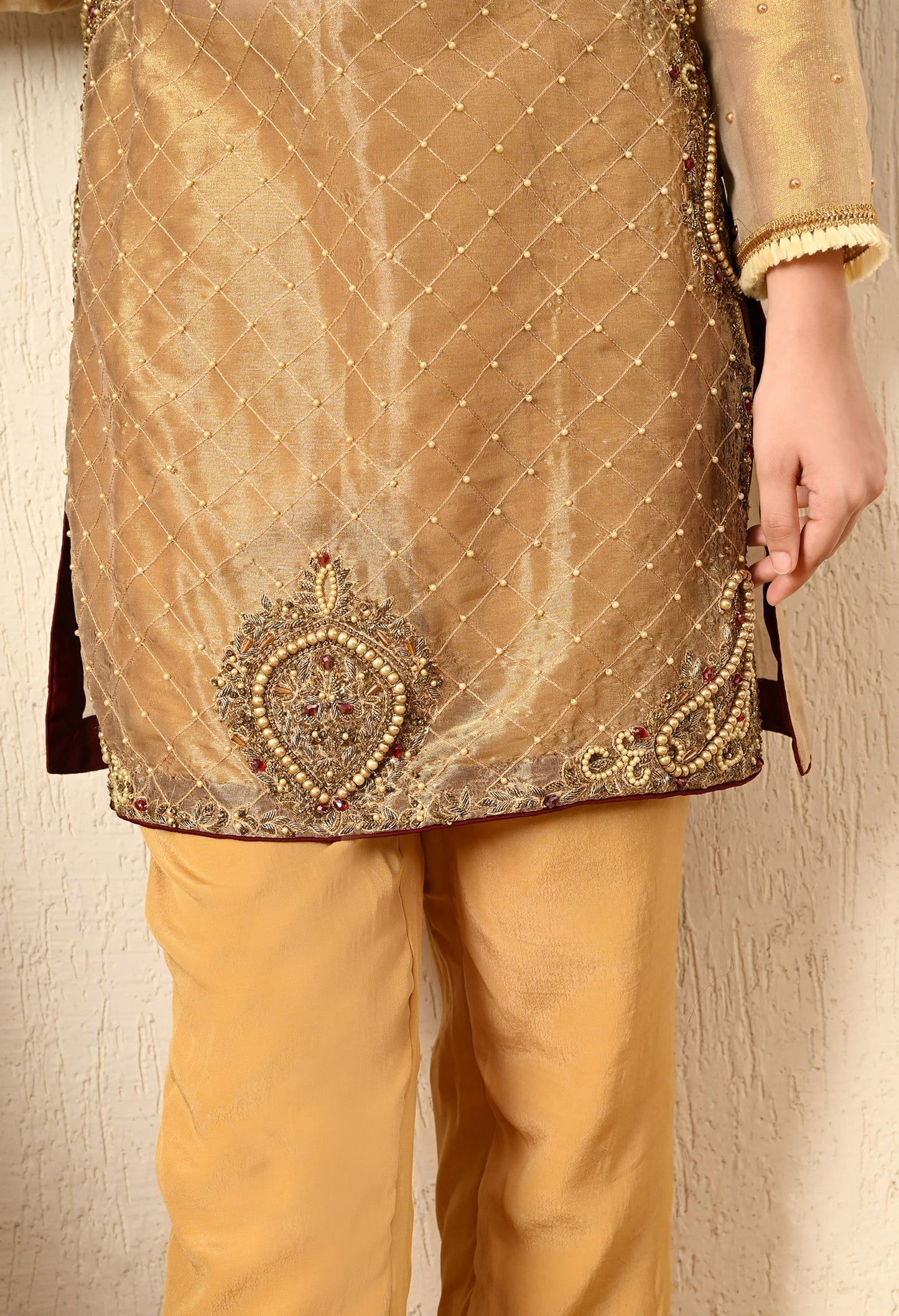 Golden Green Kurta Set with Zardozi, Pearl and Dabka Work