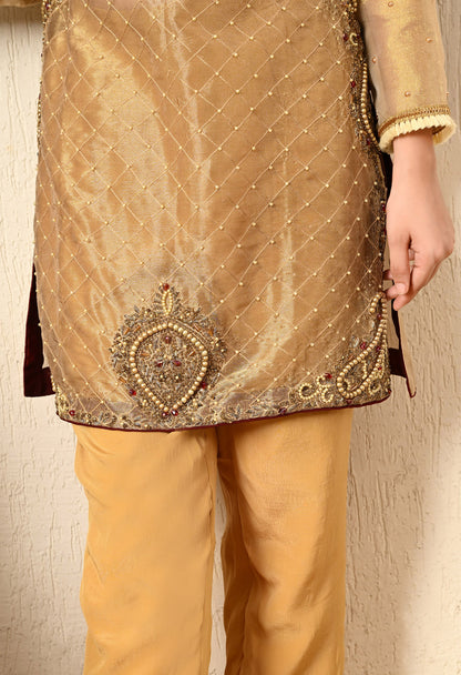 Golden Green Kurta Set with Zardozi, Pearl and Dabka Work