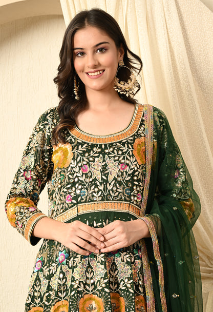 Bottle Green Anarkali with Zardozi, Sippy, Sequence, and Mirror Work