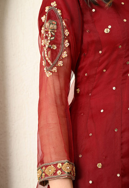 Dark Maroon Anarkali Set with Zardozi, Dabka and Sequence