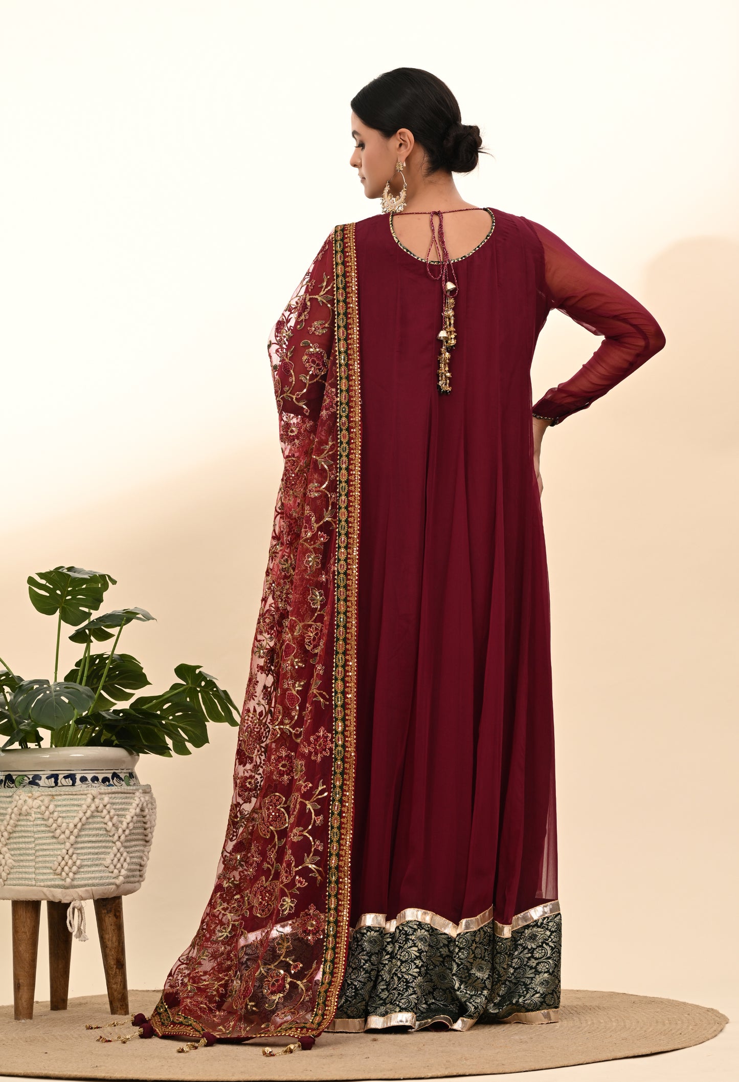 Elegant Reddish Maroon Chinon Anarkali with Embroidery