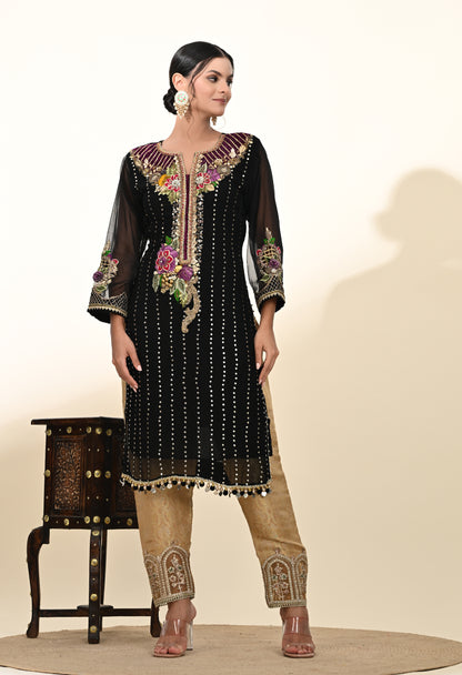 Sophisticated Black Kurta Set with Luxurious Zardozi Embroidery