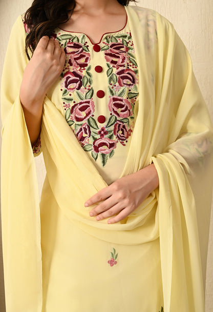 Custard Yellow Kurta Set with Thread and Parsi Work