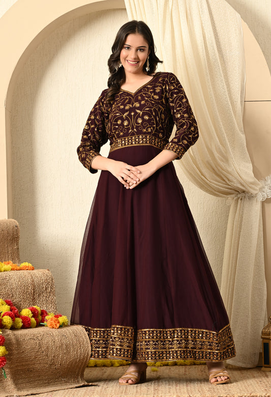 Dark Wine Anarkali  with Zardozi and Sequence Work