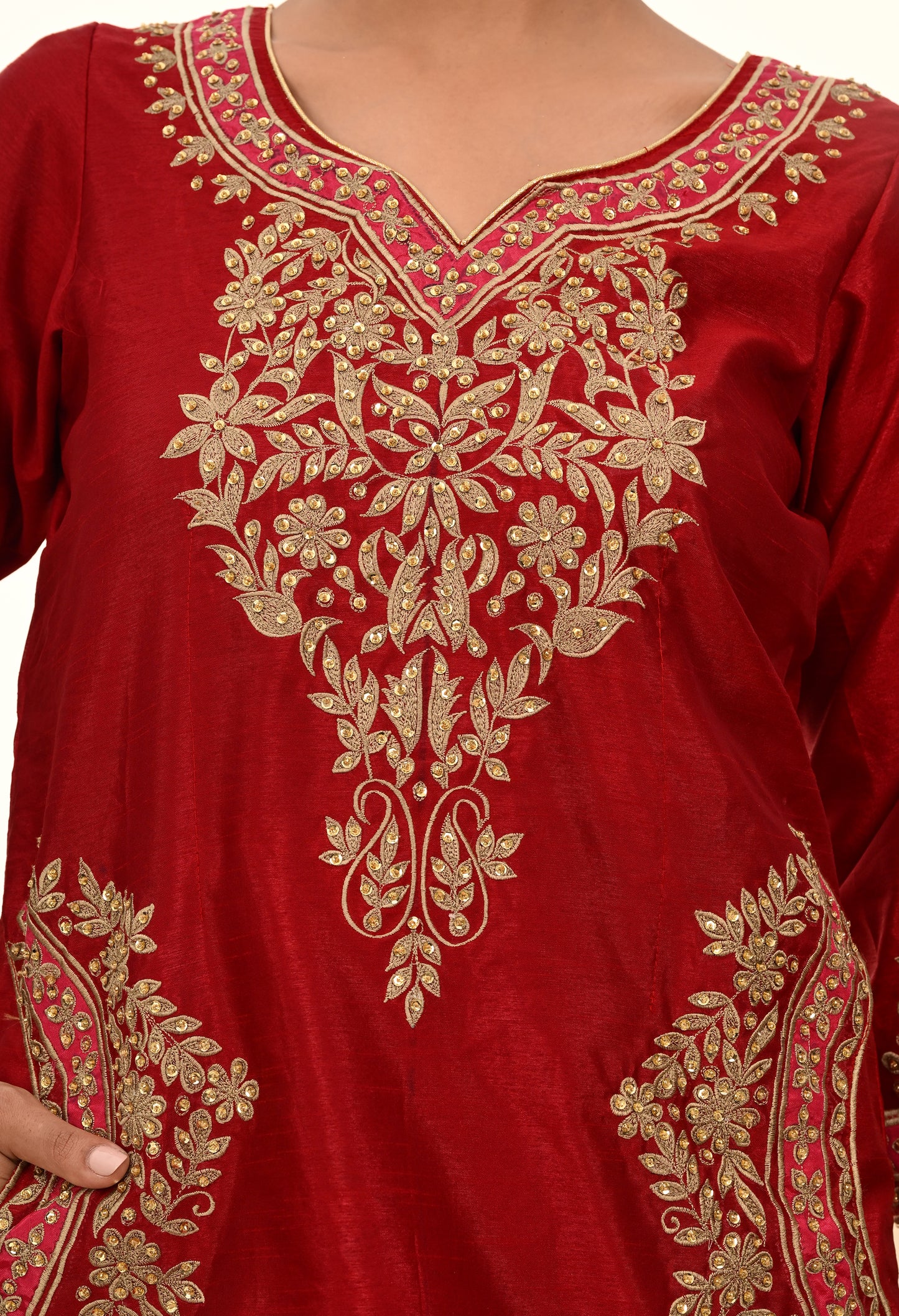 Deep Maroon Silk Kurta Set with Thread and Sequin Embroidery