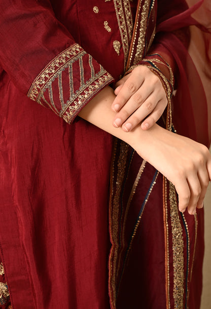 Red Maroon Sharara Set with Thread, Zari, and Sequence Work