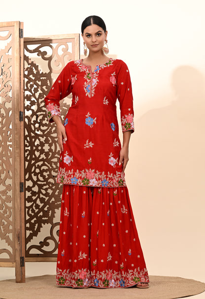 Vibrant Red Silk Sharara Set with Zardozi Embroidery, Thread, and Pearl Work