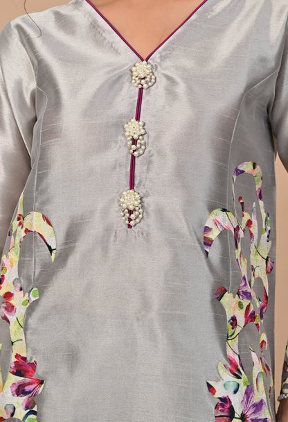 Sophisticated Grey Silk Kurta Set with Appliqué Work