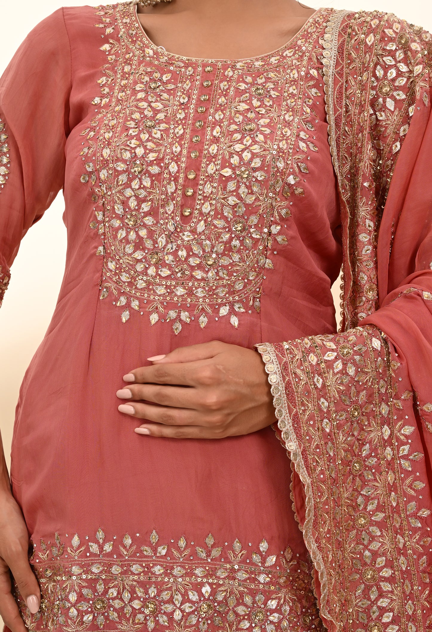 Creamy Peach Organza Lehenga Set with Zardozi, Gotta, and Crystal Embroidery