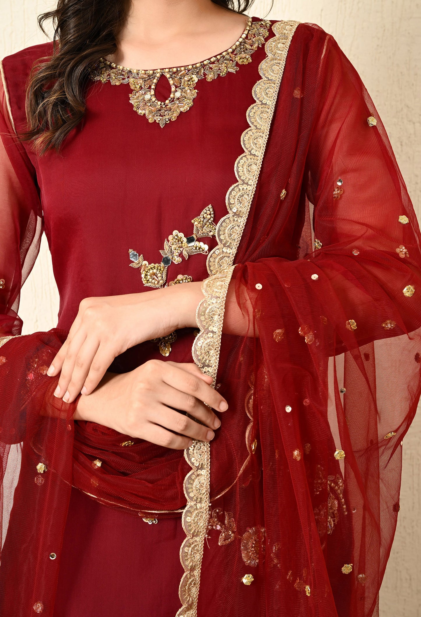 Maroon Red Kurta Set with Zardozi, Dabka, and Crystal Work