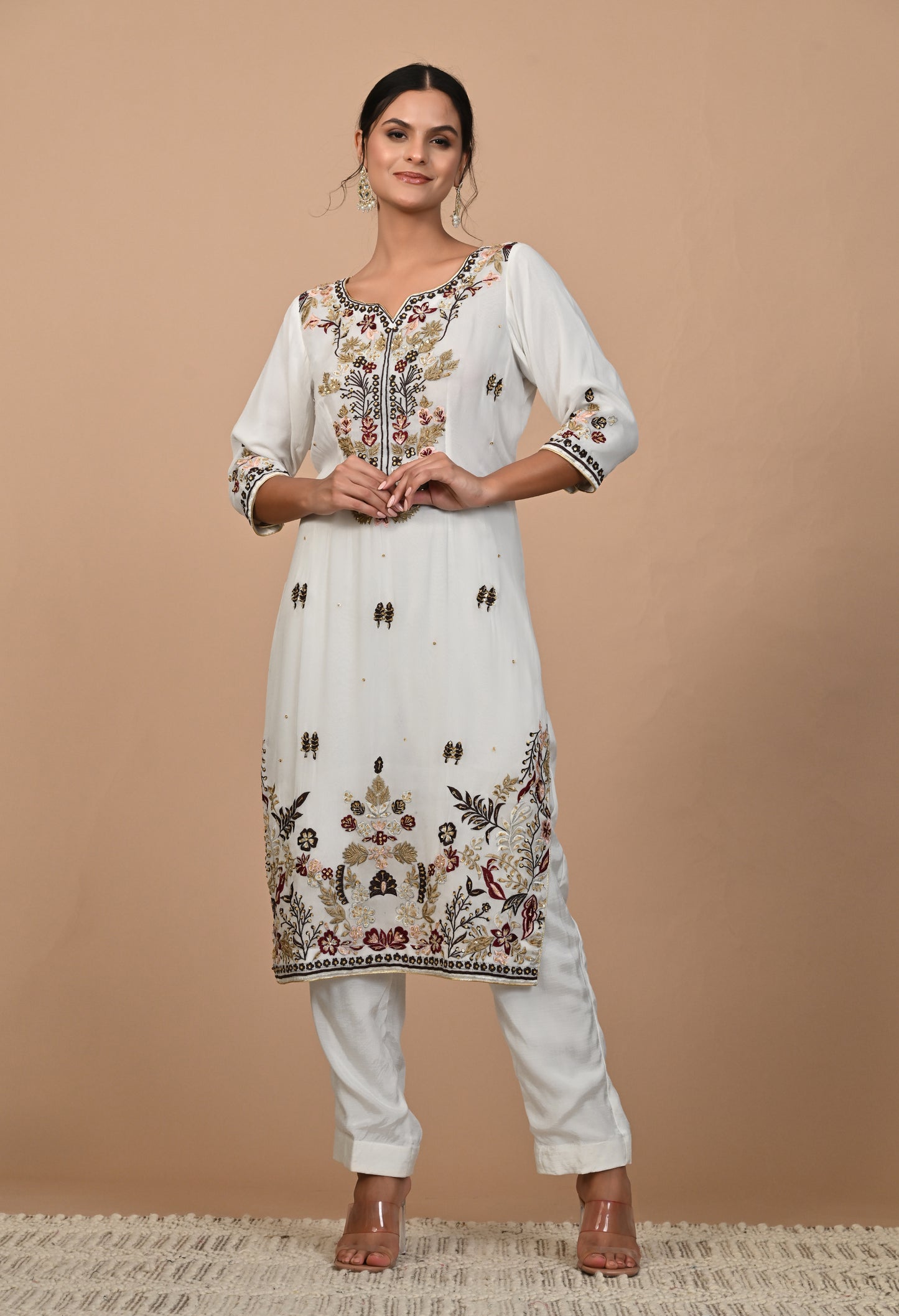 Delicate Light Cream Kurta Set with Intricate Thread Work