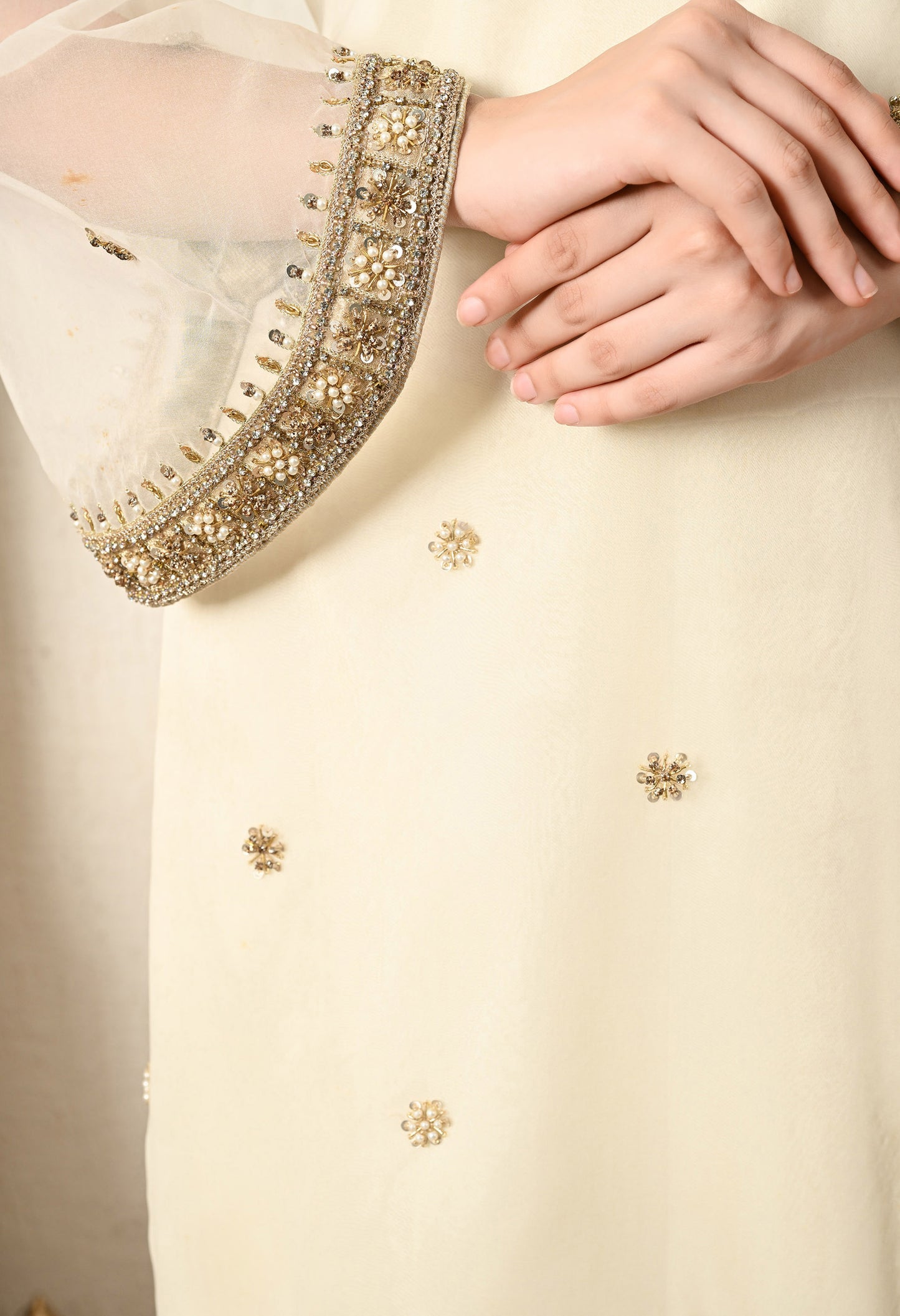 Cream Kurta Set with Zardozi, Crystal, Sequence and Pearl Work