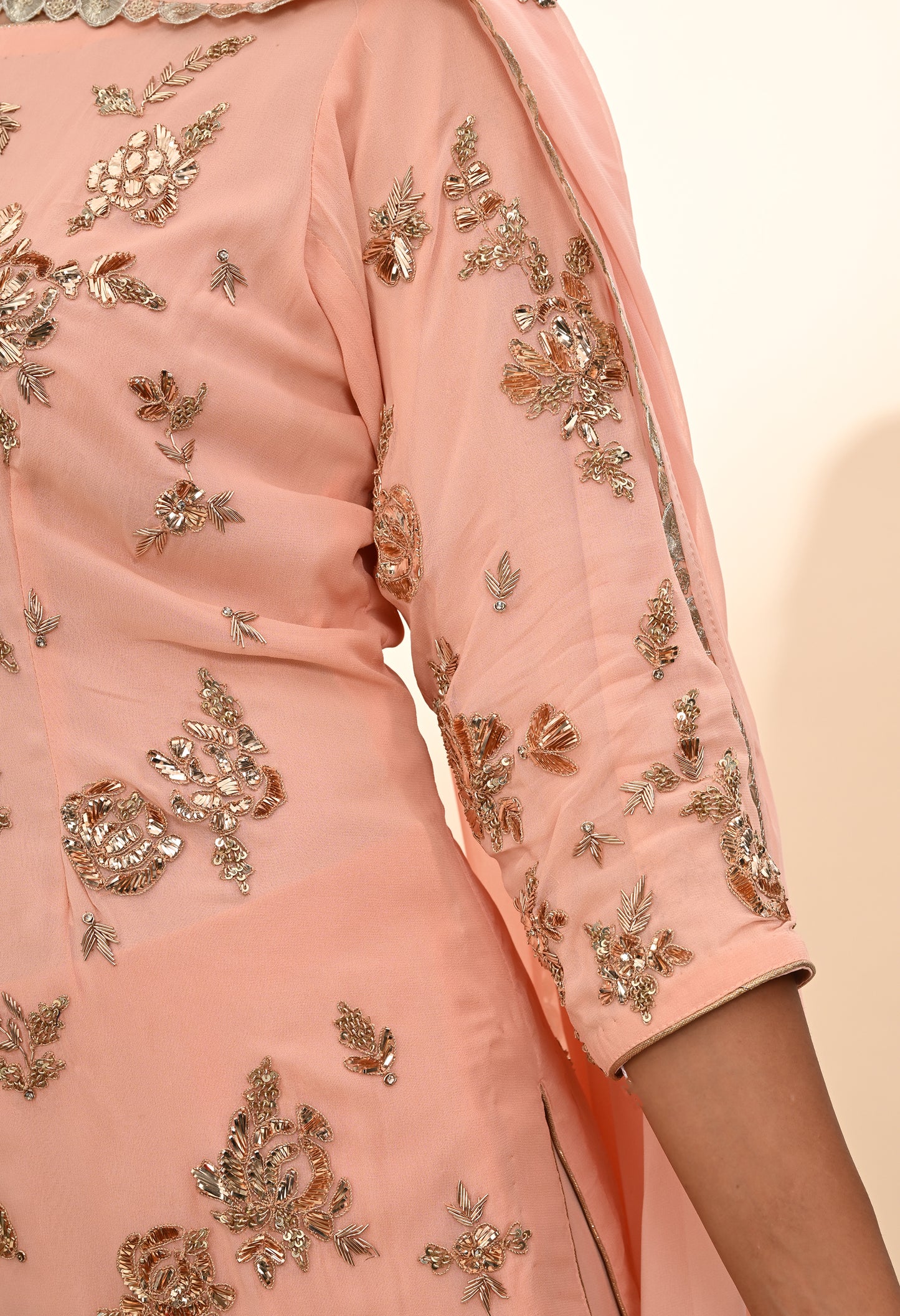 Soft Pink Peach Georgette Kurta Set with Mukaish and Zardozi Embroidery