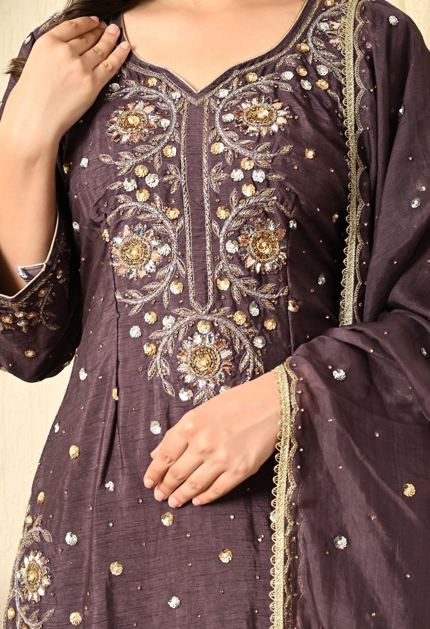 Purplish Grey Kurta Set with Mukaish, Zardozi and Sequence Work