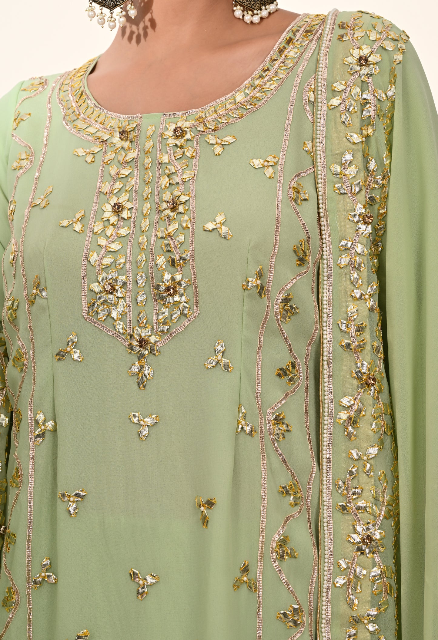 Regal Light Green Georgette Sharara Set with Zardozi Embroidery