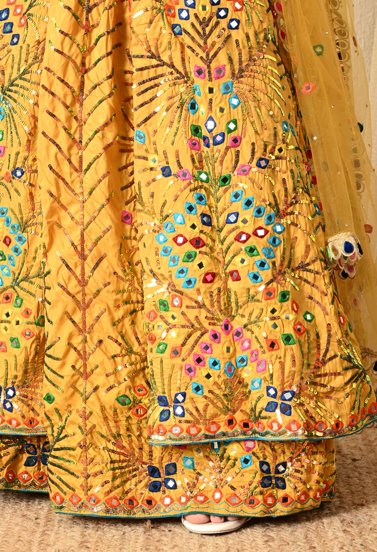 Yellow Lehnga ( With Jacket ) embroided with Thread, Mirror, and Sequence Work