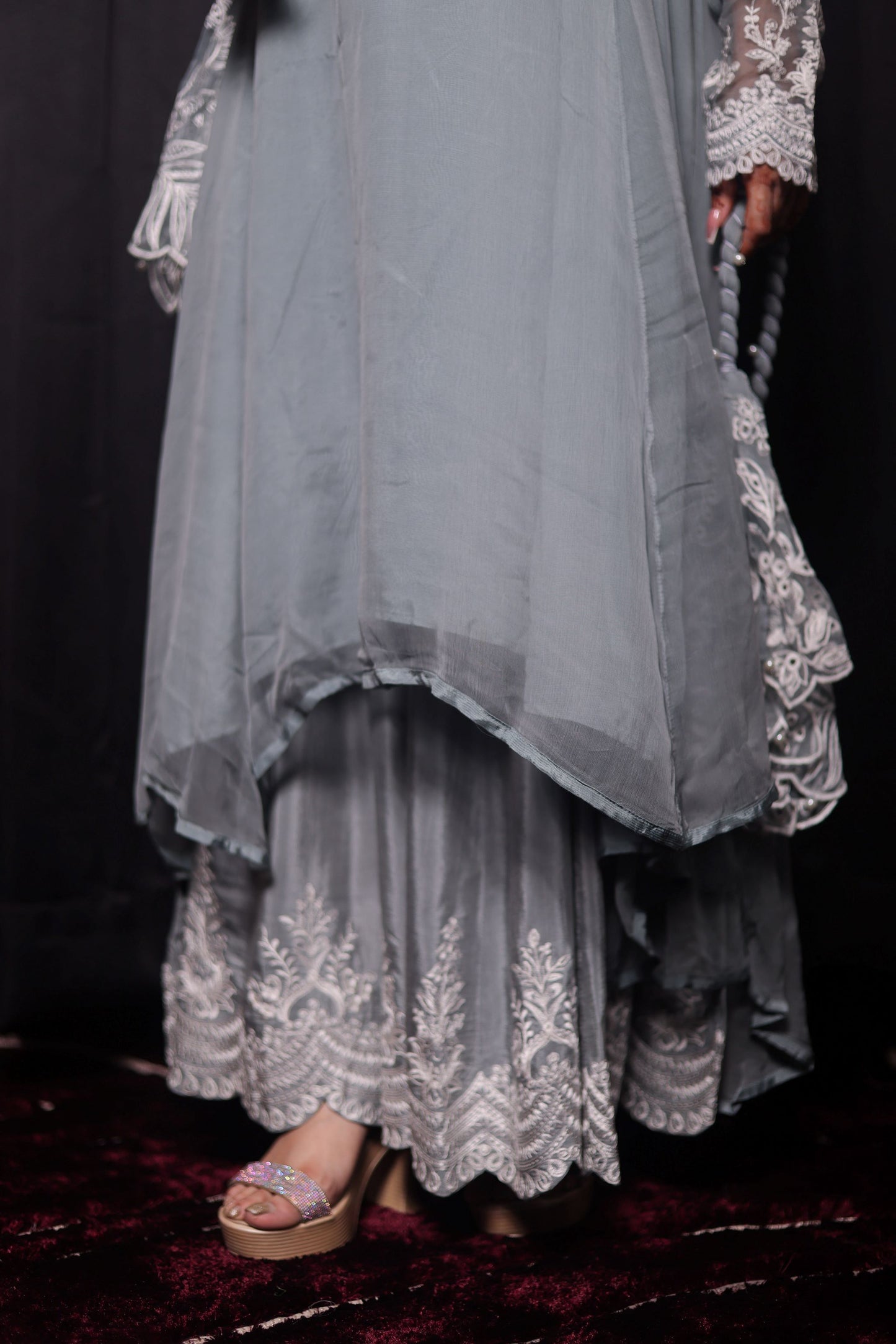 Exquisite Light Grey Sharara Set with Intricate Thread Work