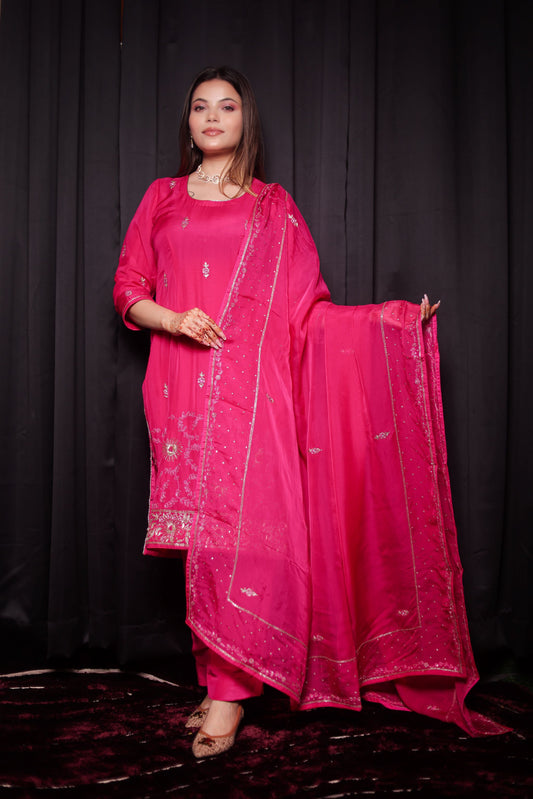 Magenta Pink Kurta Set with Beautiful Zardozi, Thread, and Sequence Work