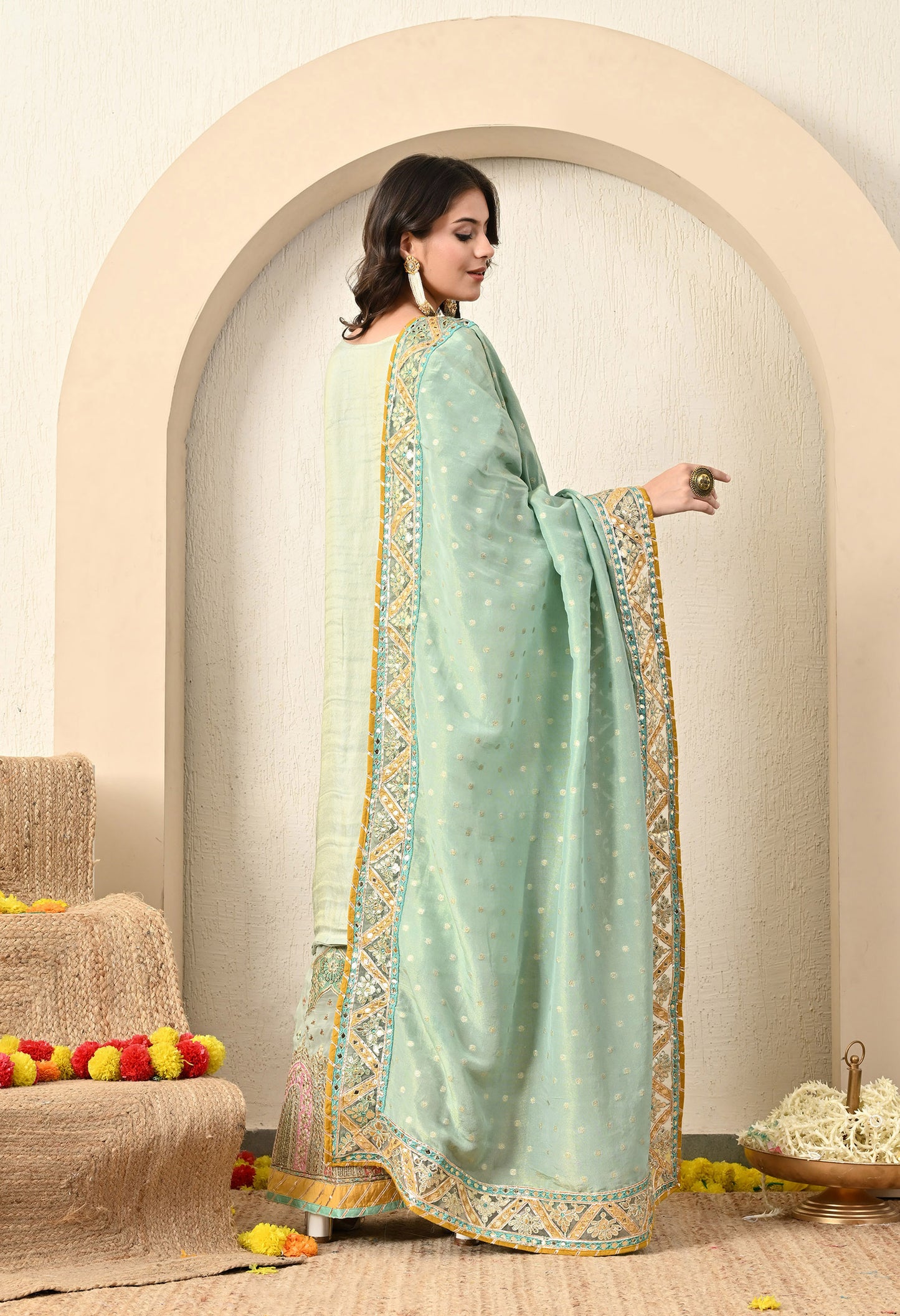 Light Green Lehenga Set with Exceptional Gotta and Zari Work