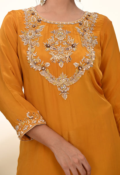 Elegant Mustard Yellow Kurta Set with Refined Zardozi Embroidery