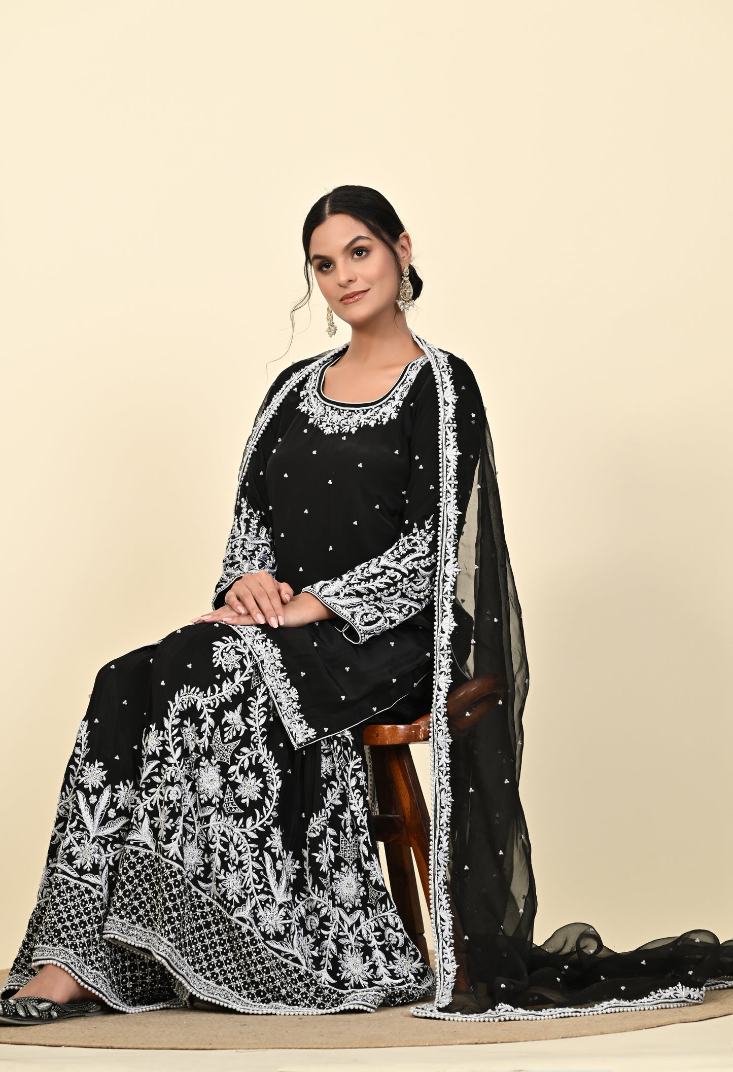 Sophisticated Black Sharara Set with Thread and Sequin Embroidery