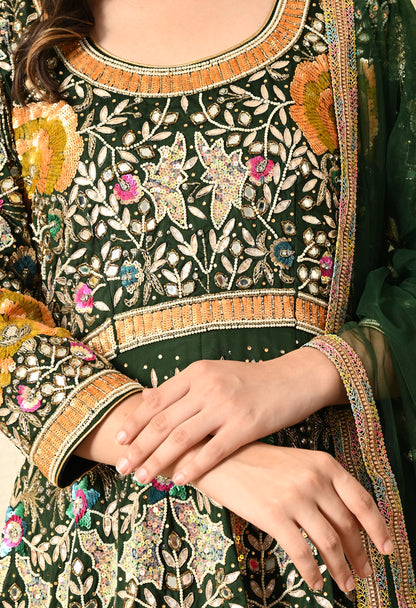 Bottle Green Anarkali with Zardozi, Sippy, Sequence, and Mirror Work