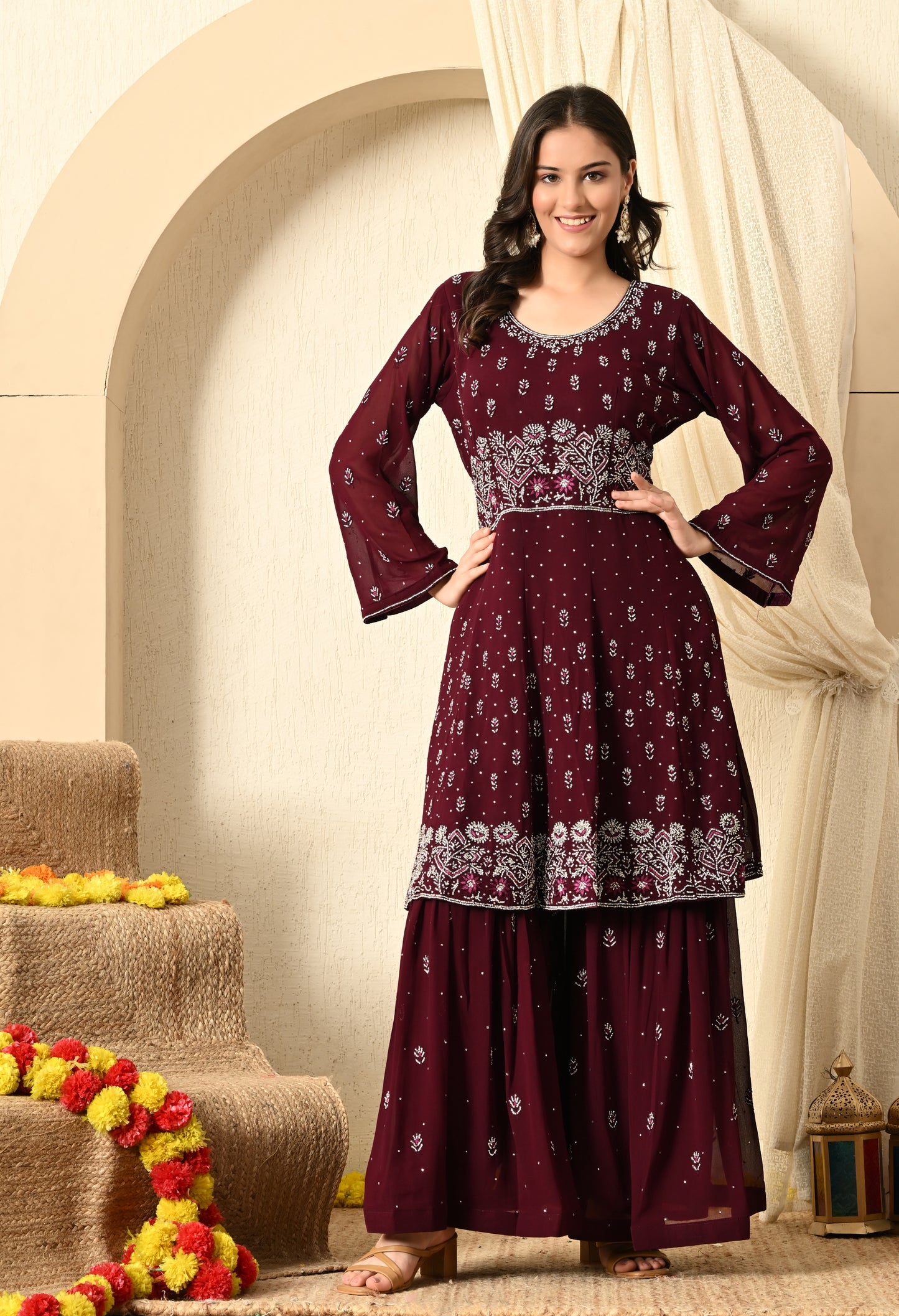 Dark Wine Sharara Set with Thread and Crystal Work