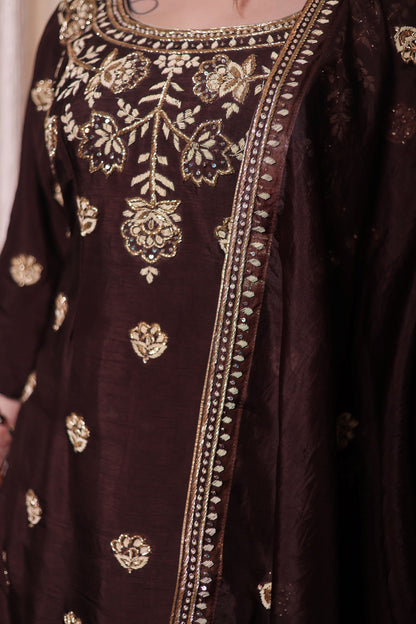 Chocolate Brown Kurta Set with Beautiful Zardozi, Tilla, and Sequence Work