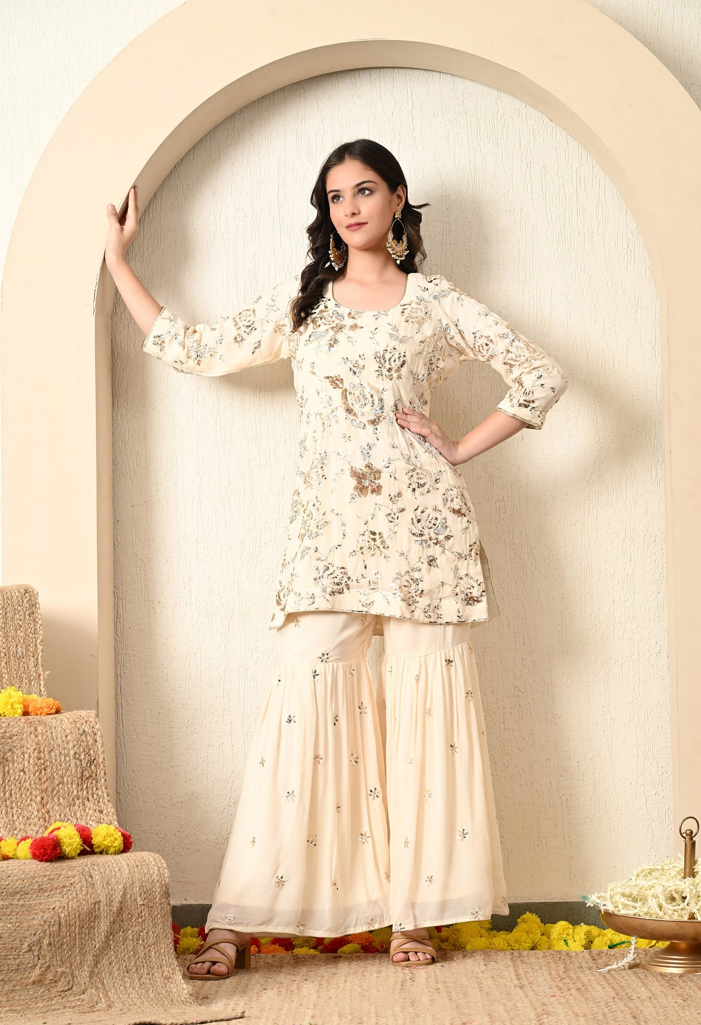 Subtle Cream Sharara Set with beautiful Mukaish Work