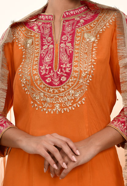 Vibrant Orange Kurta Set with Exquisite Zardozi Embroidery