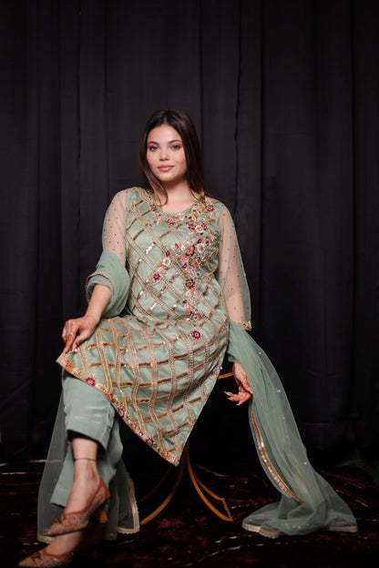 Subtle Light green Kurta Set with Beautiful Zardozi, Thread, and Sequence Work