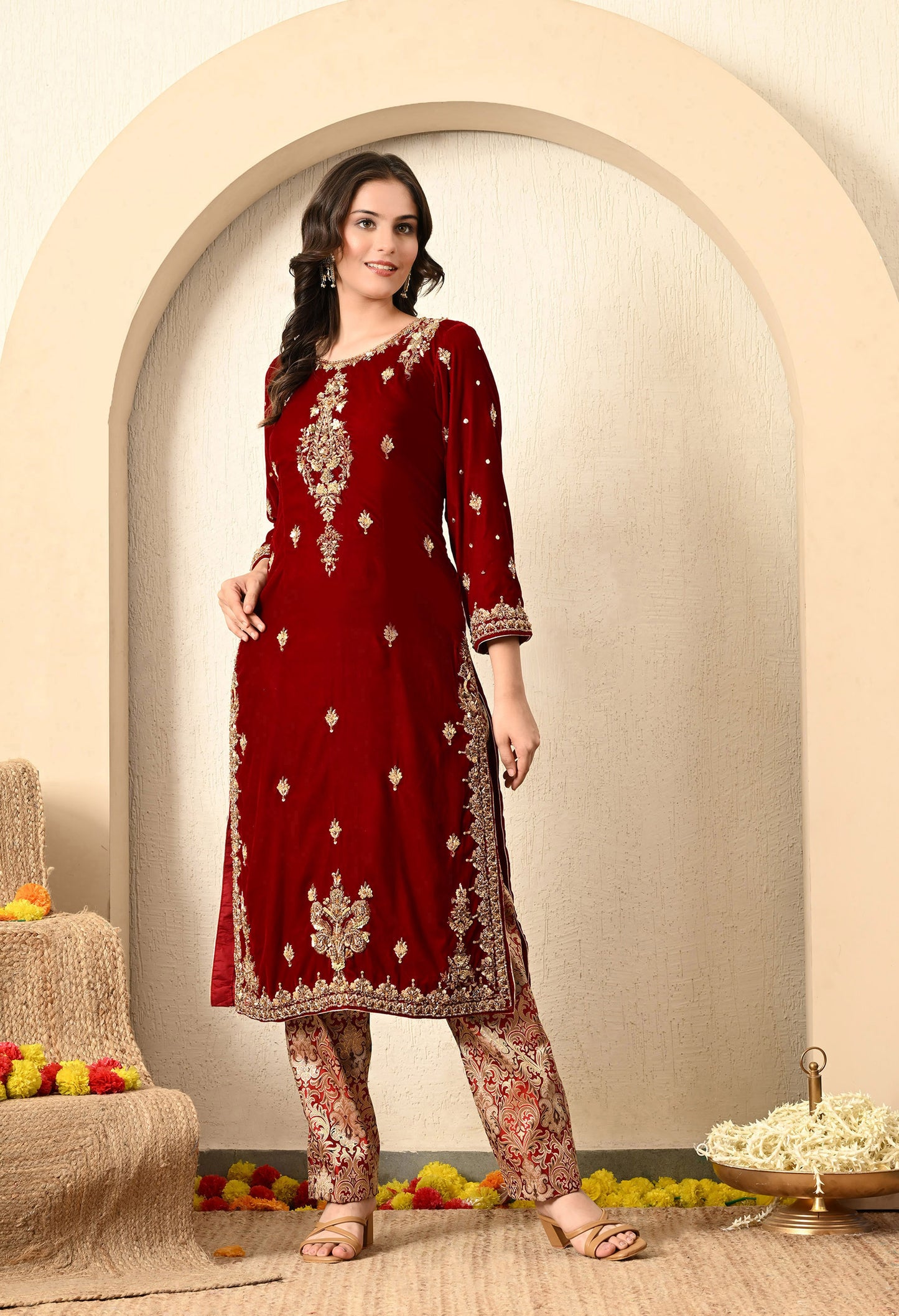 Maroon Red Kurta Set with Zardozi, Dabk, and Stone Work