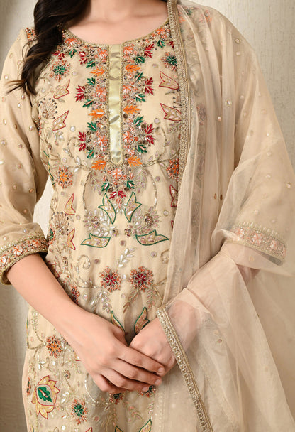 Golden Cream Kurta Set with Gotta, Thread, and Zardozi Work