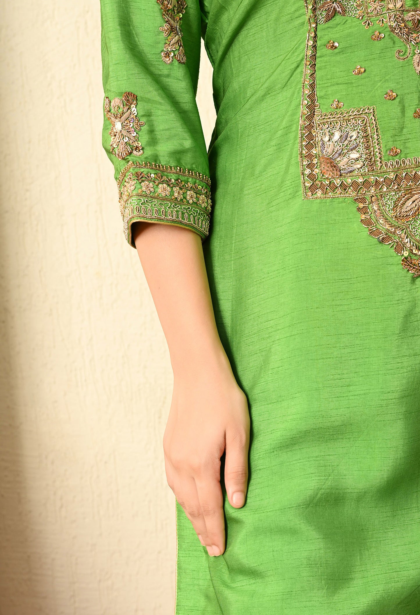 Parrot Green Kurta Set with Zardozi, Stone, and Sequence Work