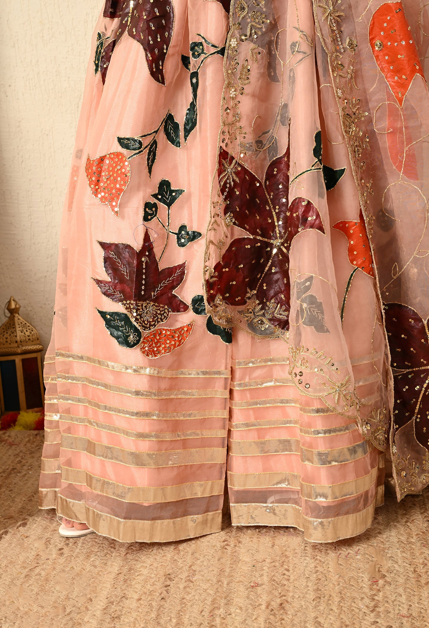 Dark Peach Lehenga Set with Hand Paint, Gotta, Zardozi, and Sequence Work